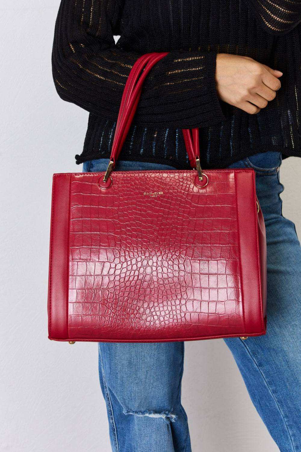 Red David Jones Texture PU Leather Handbag with a stylish texture, medium size, and detachable shoulder strap.