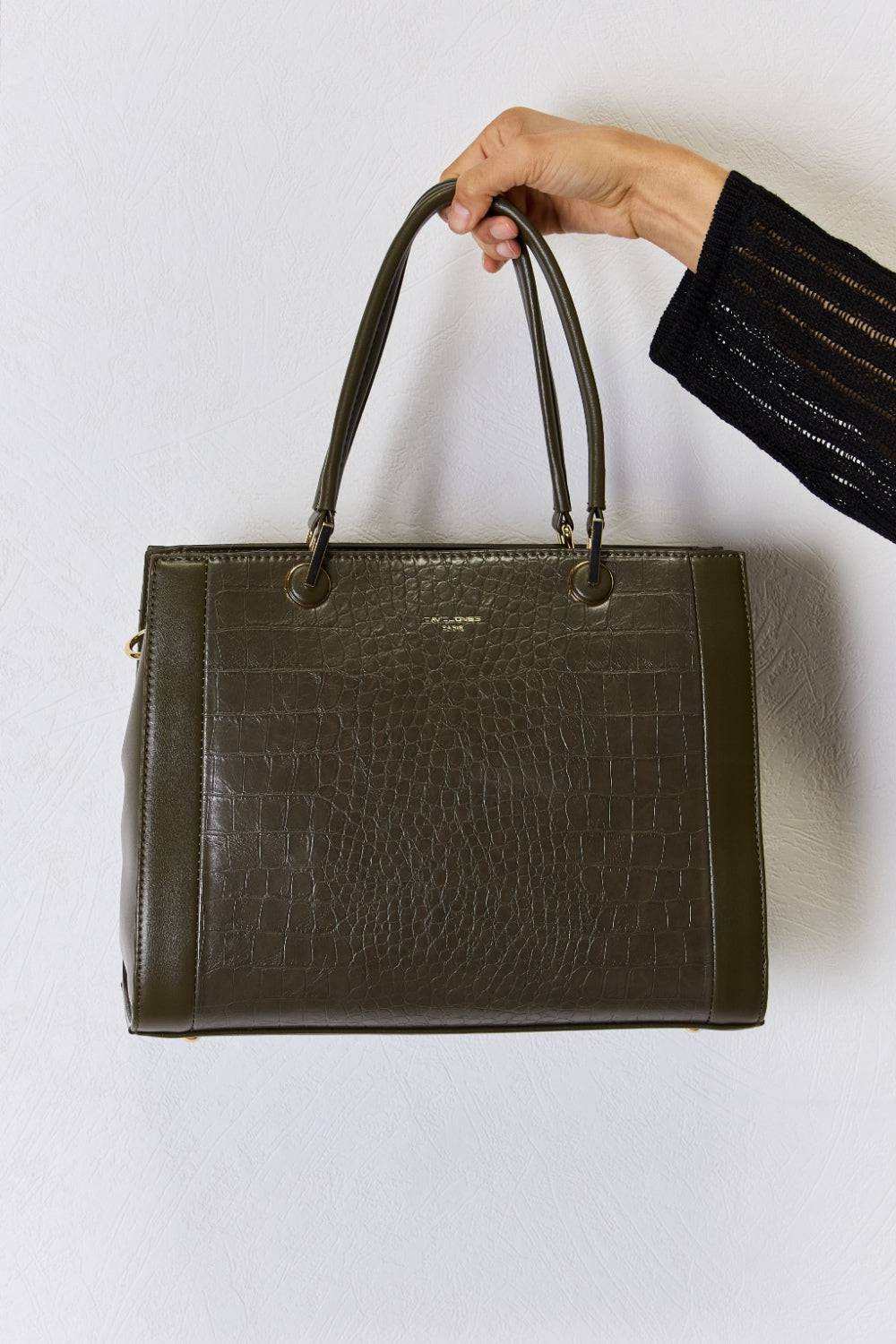 David Jones Texture PU Leather Handbag, medium size, olive green, stylish design.