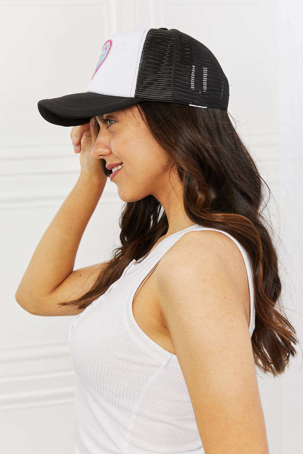 Fame Falling Trucker Hat in Black | Trendy Scalloped Design