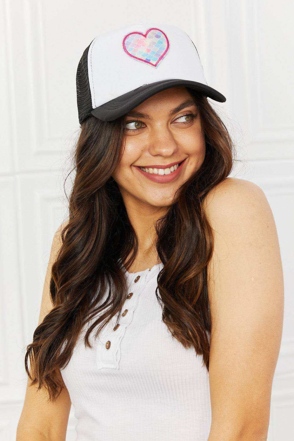 Fame Falling Trucker Hat in Black | Trendy Scalloped Design