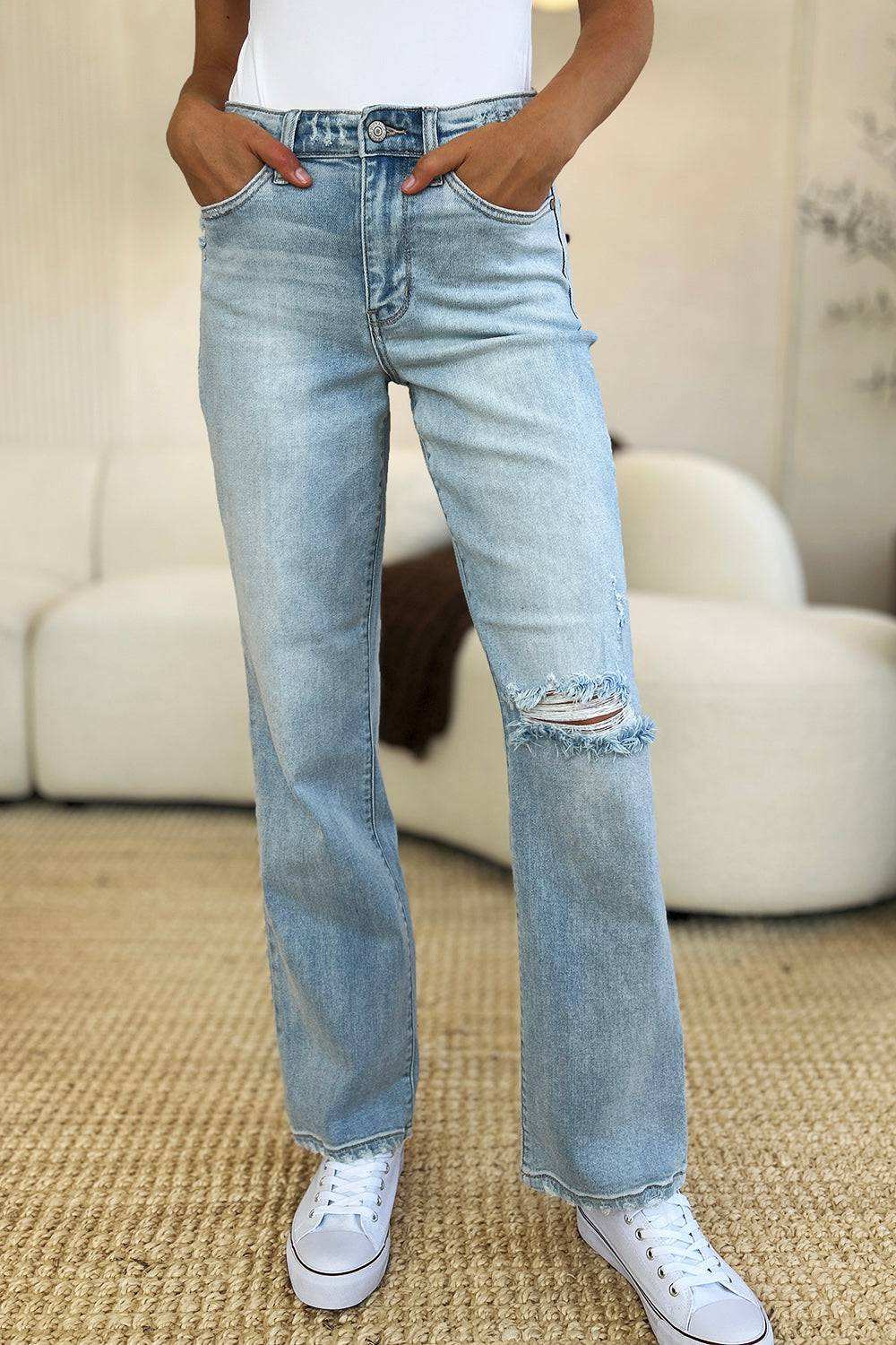 Judy Blue Full Size High Waist Distressed Straight Jeans - Stylish & Comfy