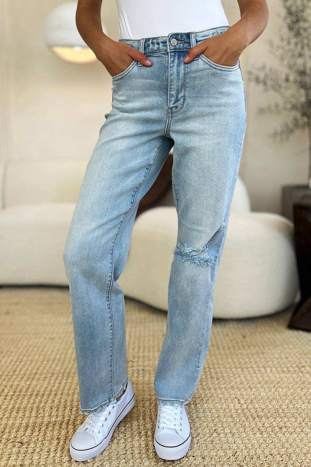 Judy Blue Full Size High Waist Distressed Straight Jeans - Stylish & Comfy