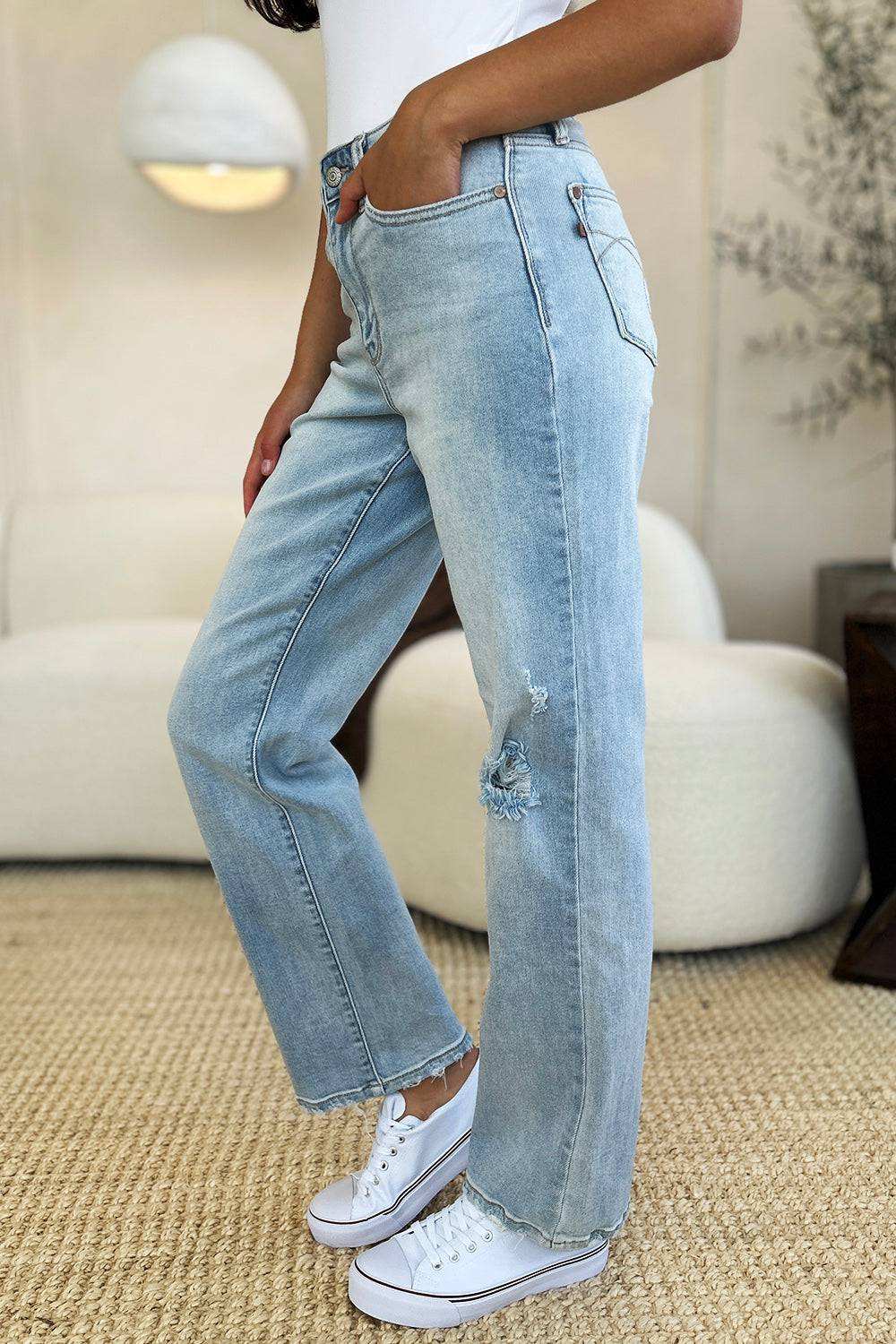 Judy Blue Full Size High Waist Distressed Straight Jeans - Stylish & Comfy