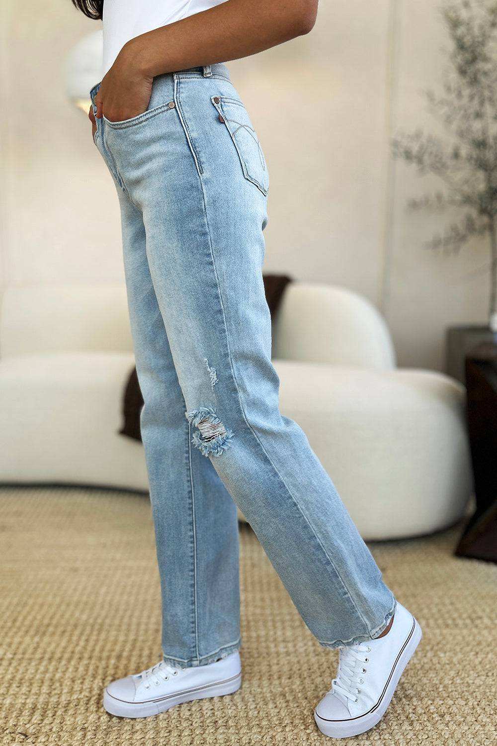 Judy Blue Full Size High Waist Distressed Straight Jeans - Stylish & Comfy