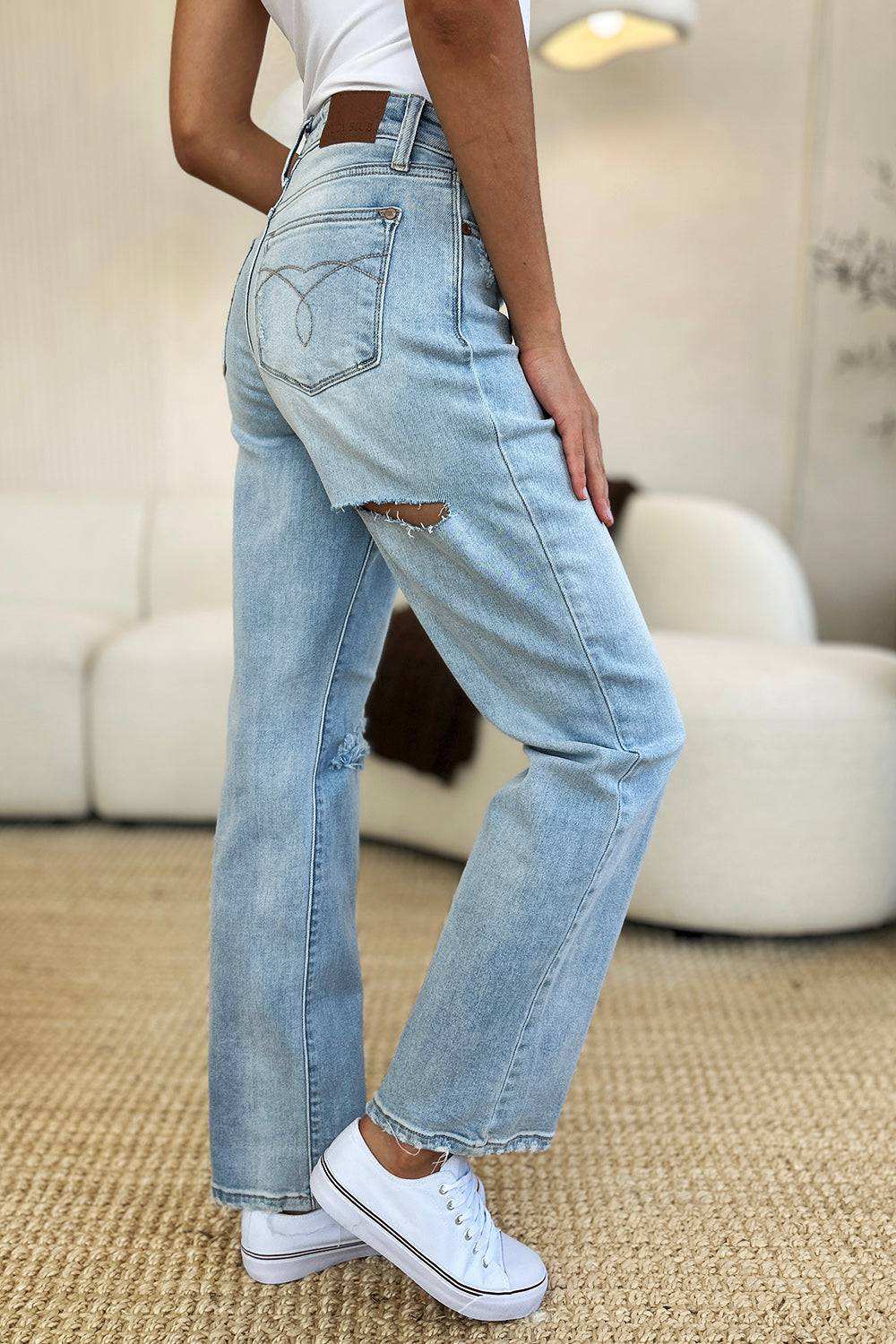 Judy Blue Full Size High Waist Distressed Straight Jeans - Stylish & Comfy