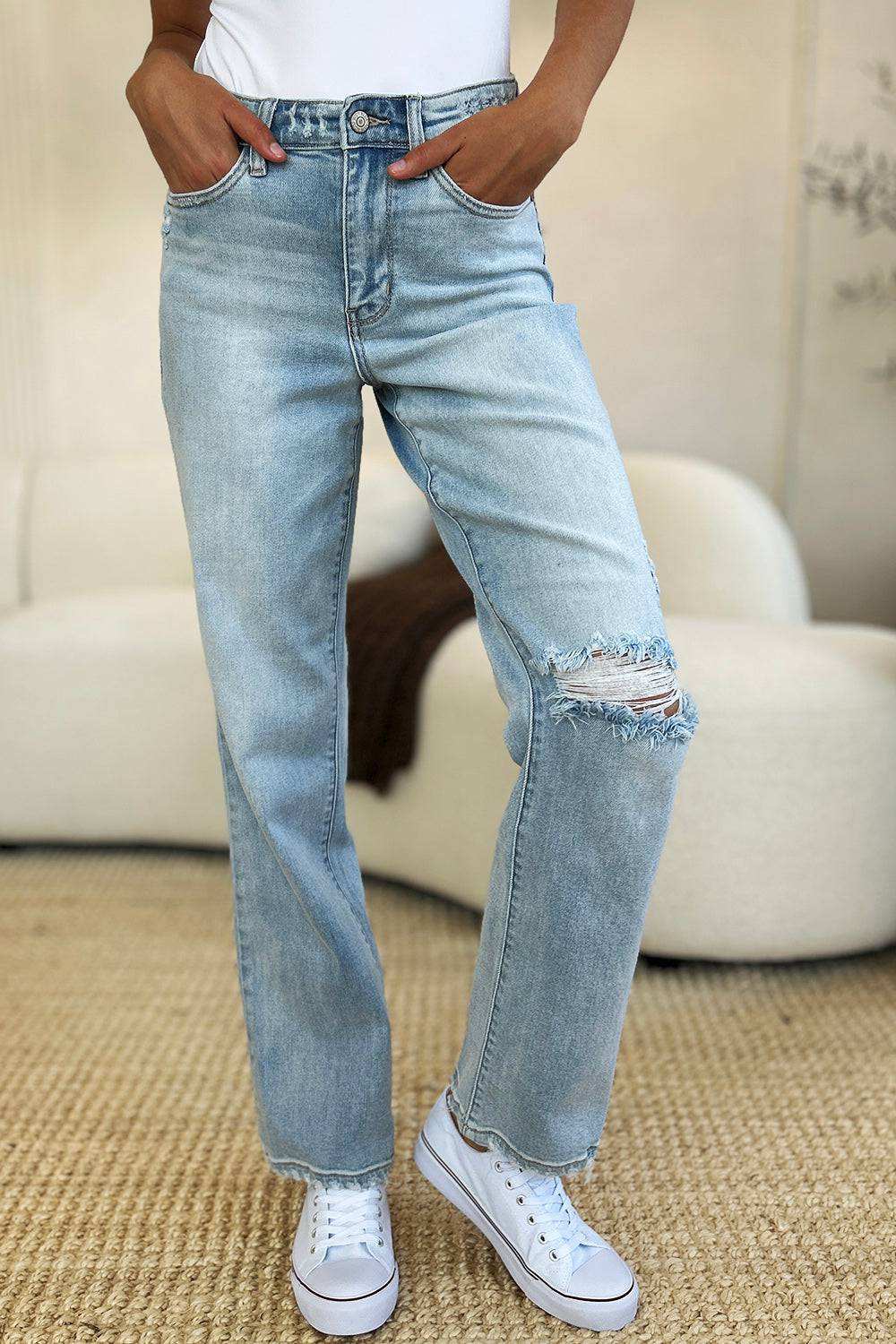 Judy Blue Full Size High Waist Distressed Straight Jeans - Stylish & Comfy