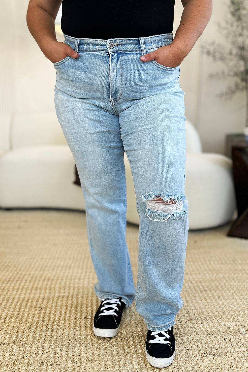 Judy Blue Full Size High Waist Distressed Straight Jeans - Stylish & Comfy