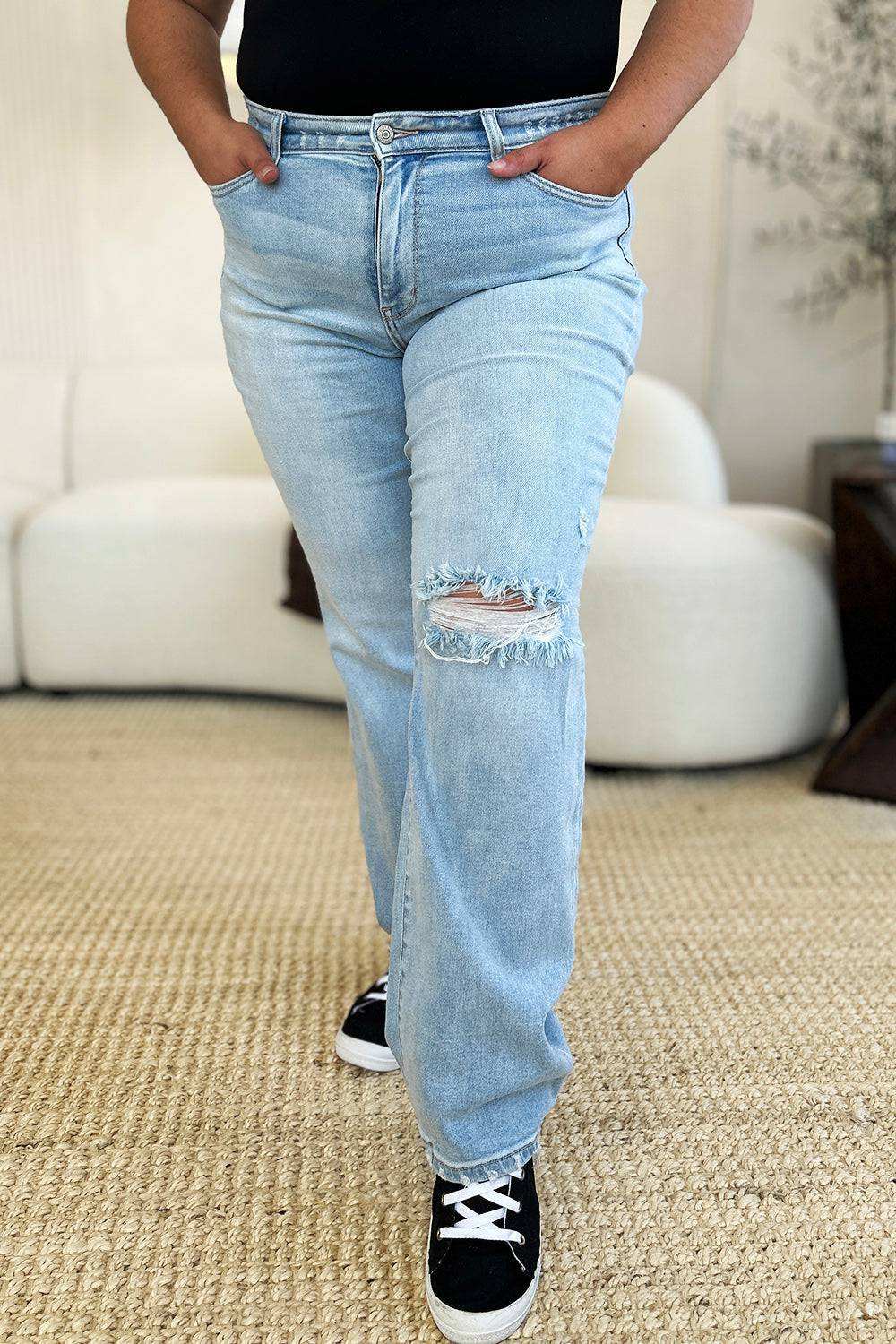 Judy Blue Full Size High Waist Distressed Straight Jeans - Stylish & Comfy