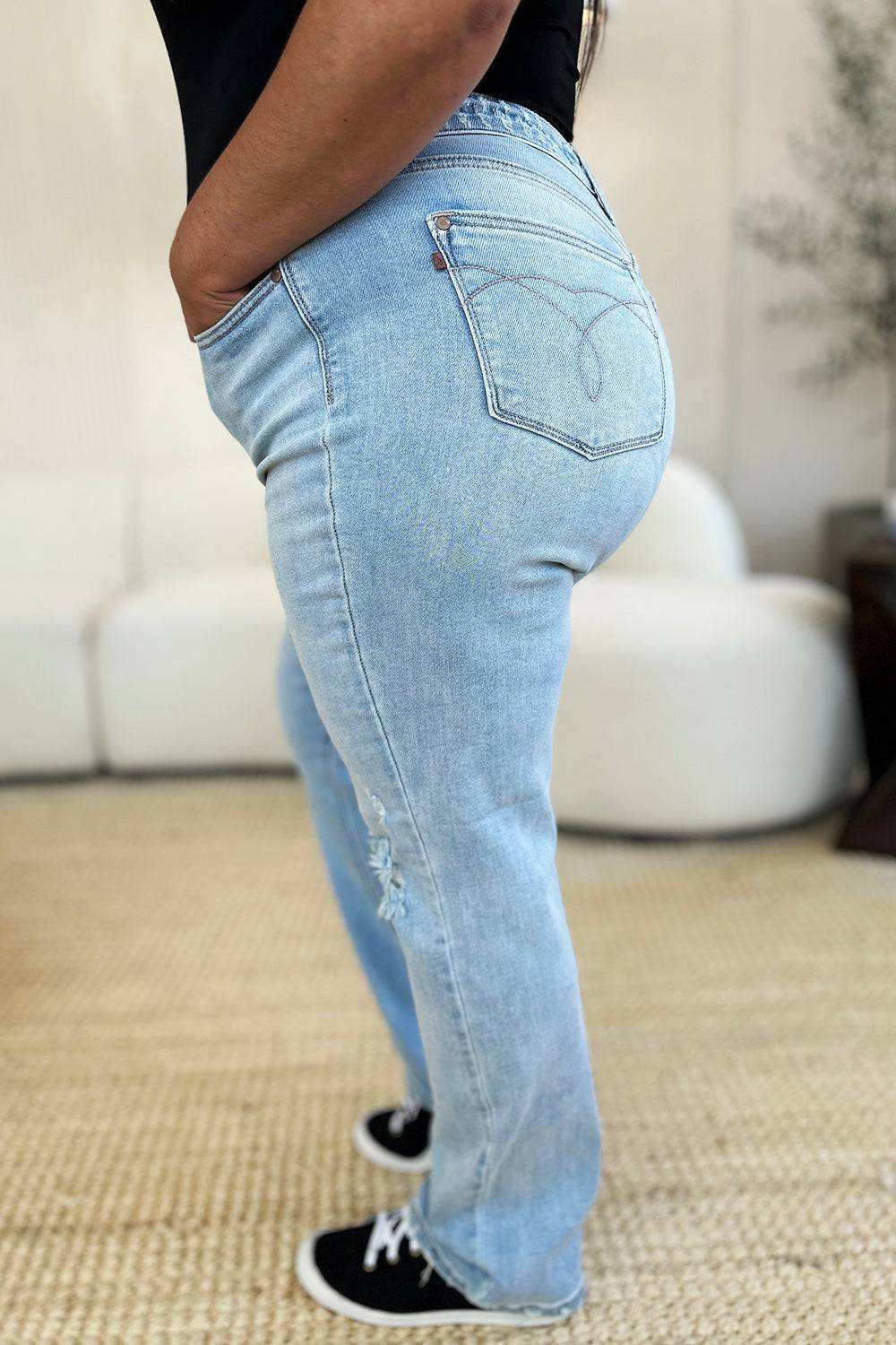 Judy Blue Full Size High Waist Distressed Straight Jeans - Stylish & Comfy