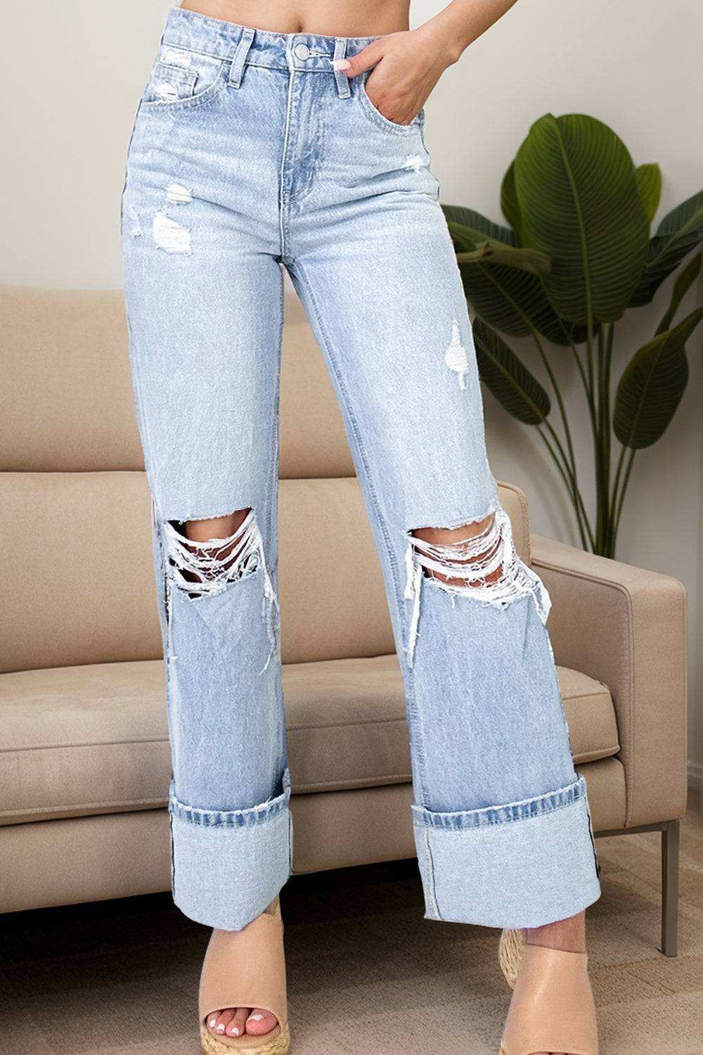 Distressed High Waist Jeans with Pockets for Stylish Comfort