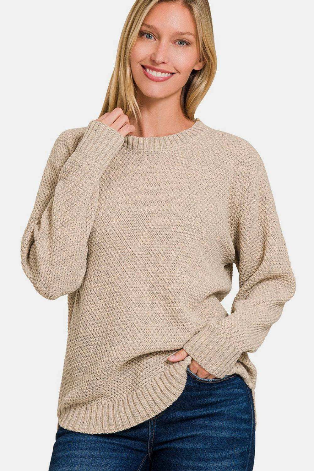 Zenana Ful Size Round Neck Long Sleeve Sweater - Chic & Cozy