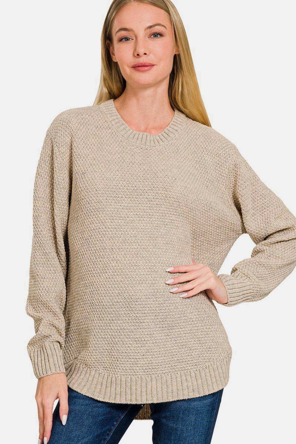 Zenana Ful Size Round Neck Long Sleeve Sweater - Chic & Cozy