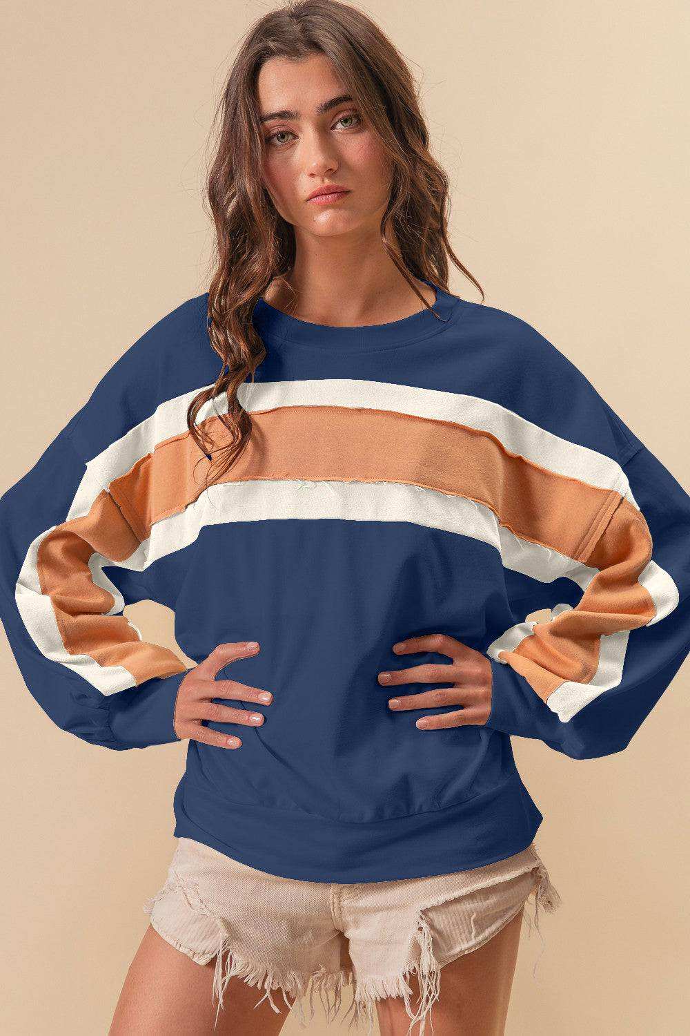 BiBi French Terry Color Block Cut Edge Detail Sweatshirt - Chic & Cozy