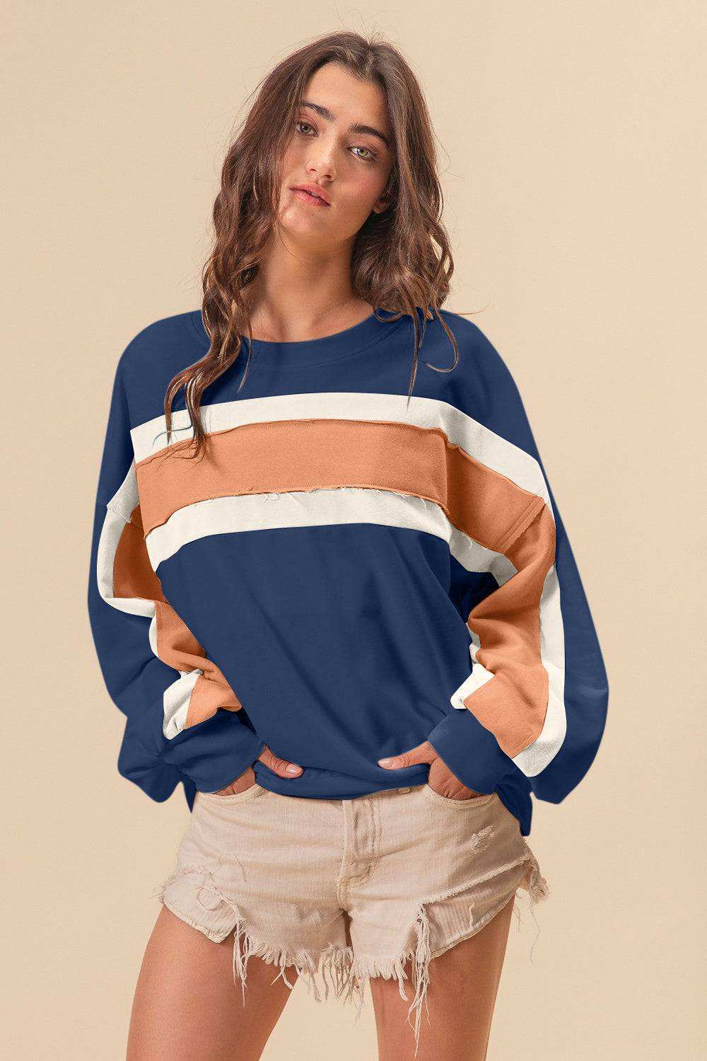 BiBi French Terry Color Block Cut Edge Detail Sweatshirt - Chic & Cozy