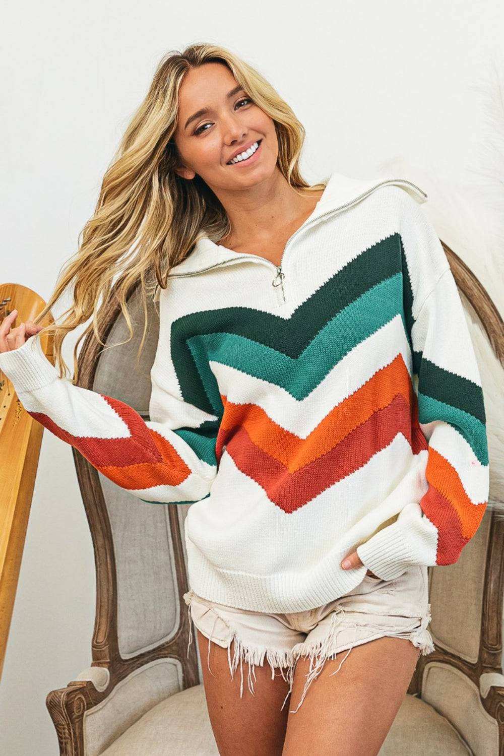 BiBi Multi Color Chevron Pattern Sweater - Stylish & Cozy