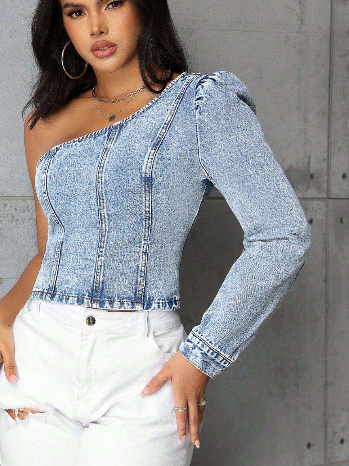 Shoulder Long Sleeve Denim Top