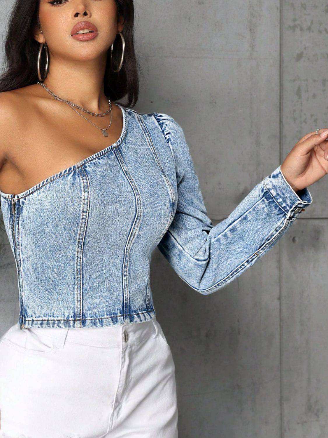 Shoulder Long Sleeve Denim Top