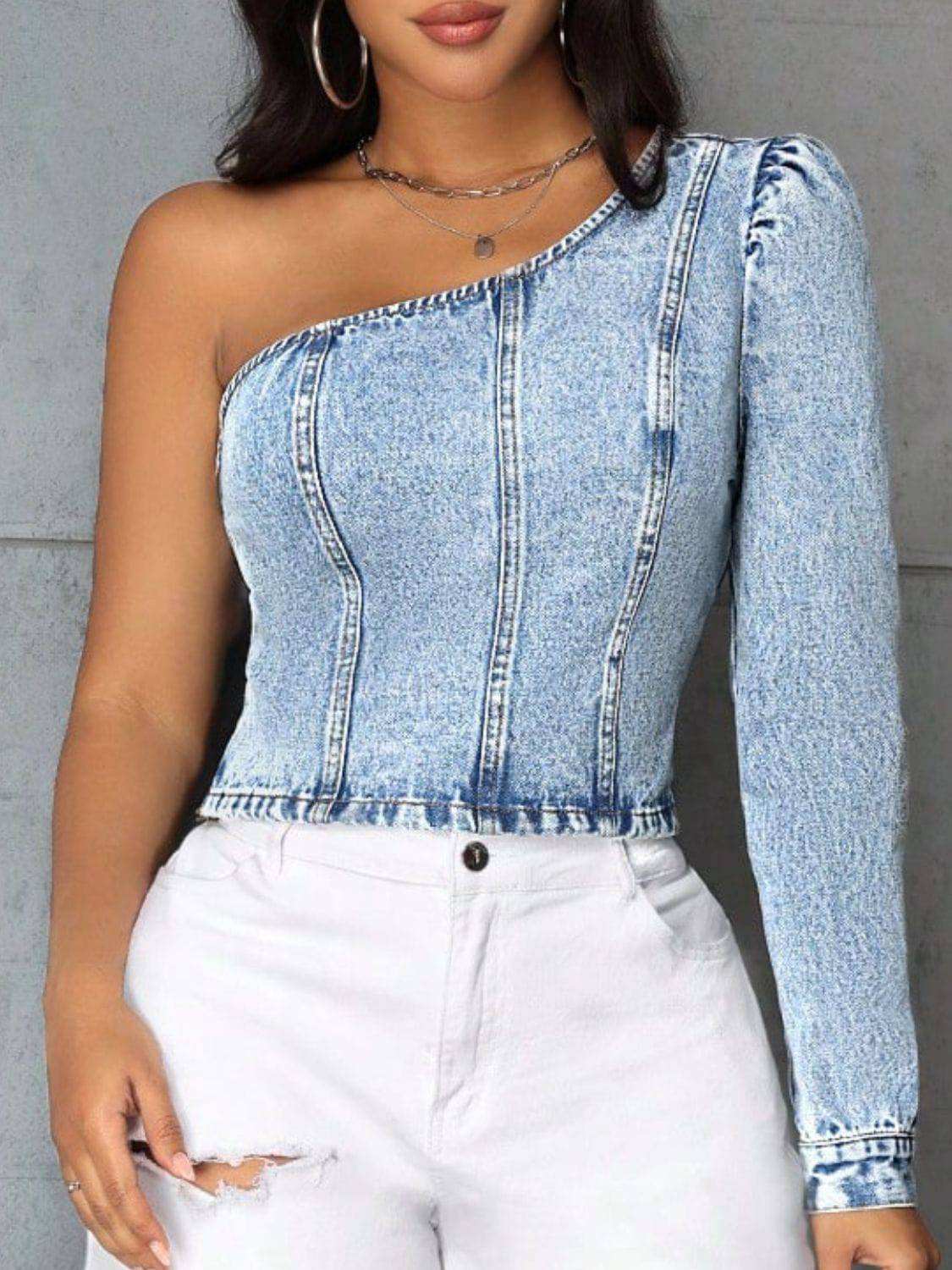 Shoulder Long Sleeve Denim Top