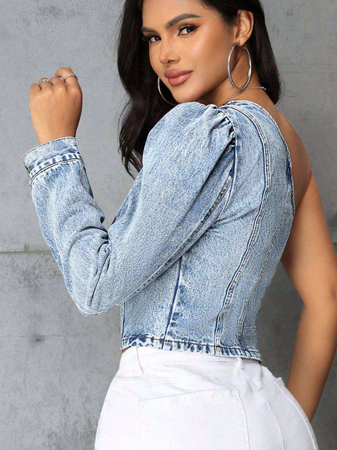 Shoulder Long Sleeve Denim Top