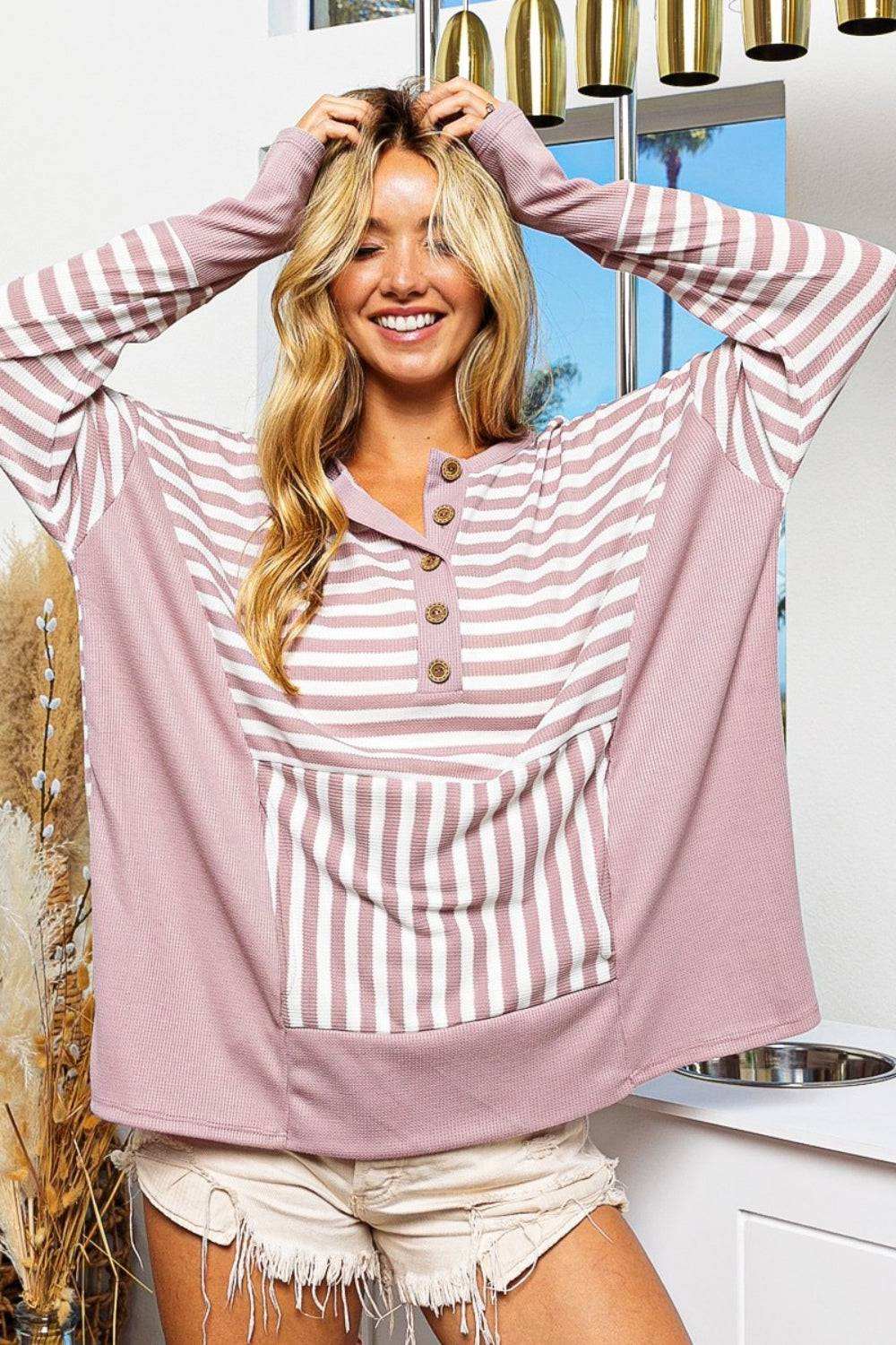 BiBi Striped Thumbhole Long Sleeve Top - Cozy Winter Wear