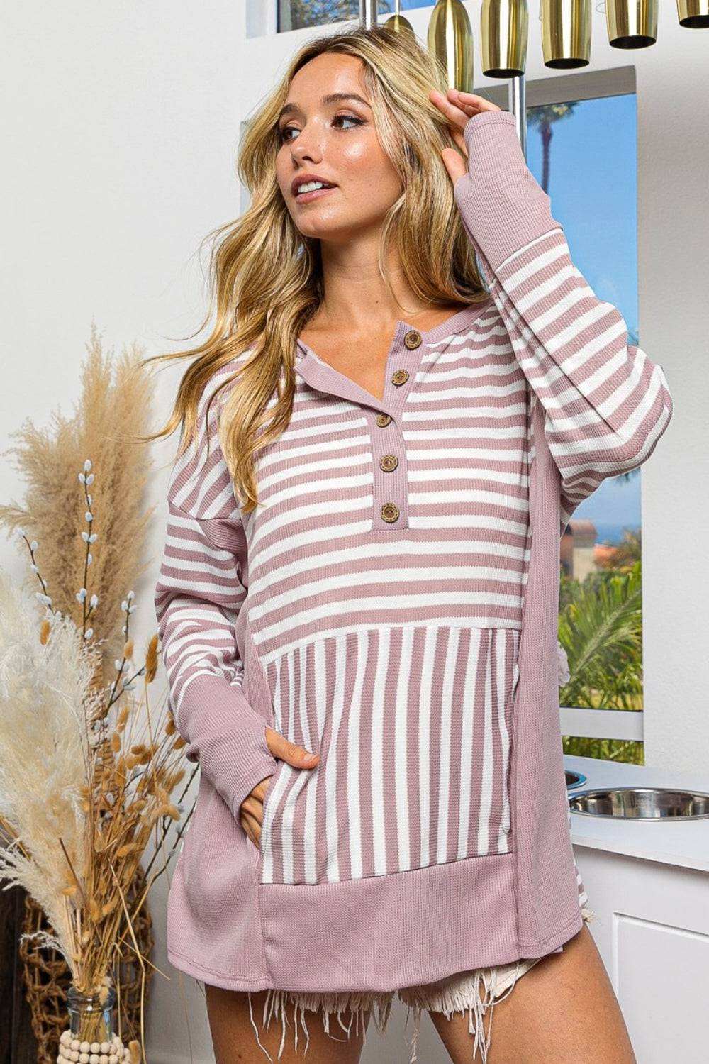 BiBi Striped Thumbhole Long Sleeve Top - Cozy Winter Wear