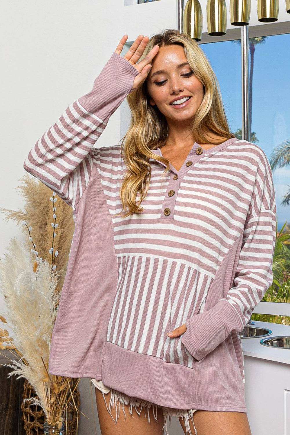 BiBi Striped Thumbhole Long Sleeve Top - Cozy Winter Wear