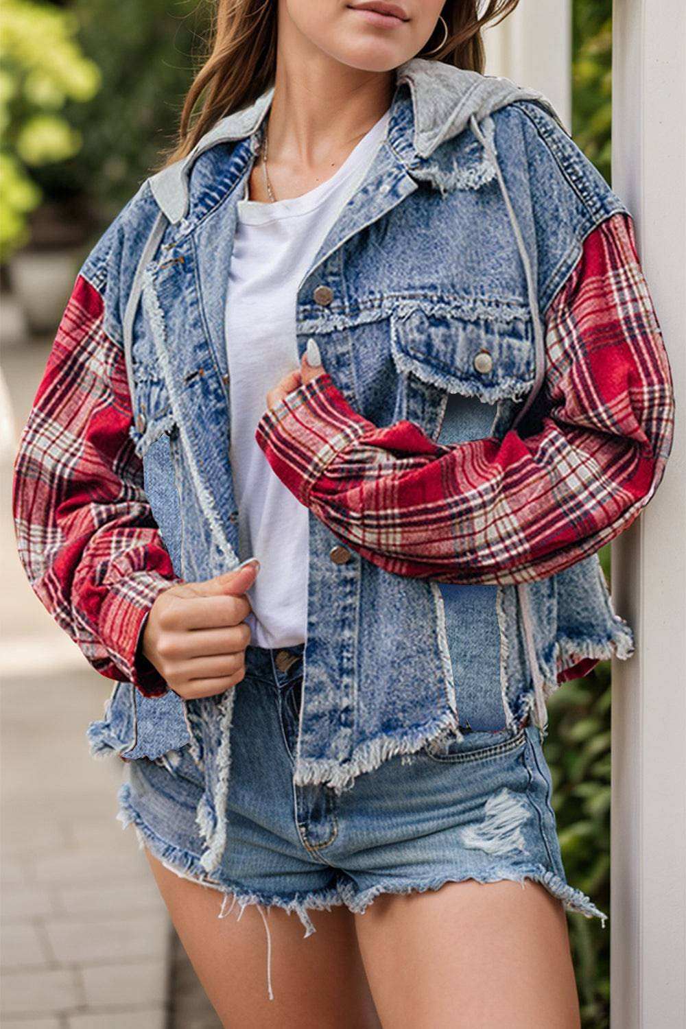 Raw Hem Drawstring Plaid Denim Jacket - Stylish Cotton Mix