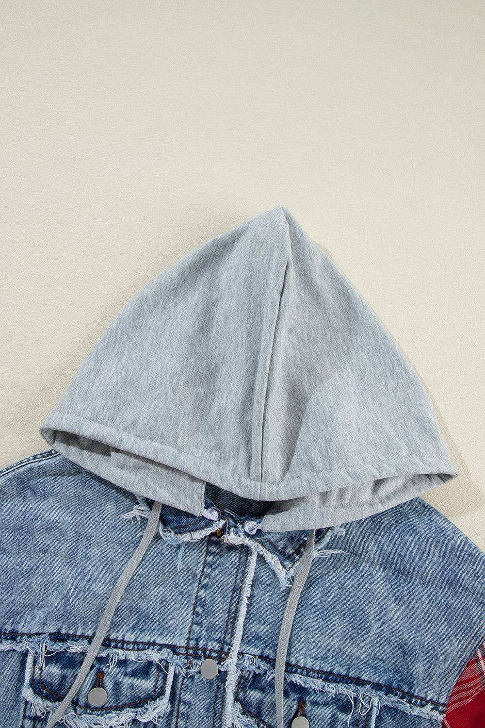 Raw Hem Drawstring Plaid Denim Jacket - Stylish Cotton Mix