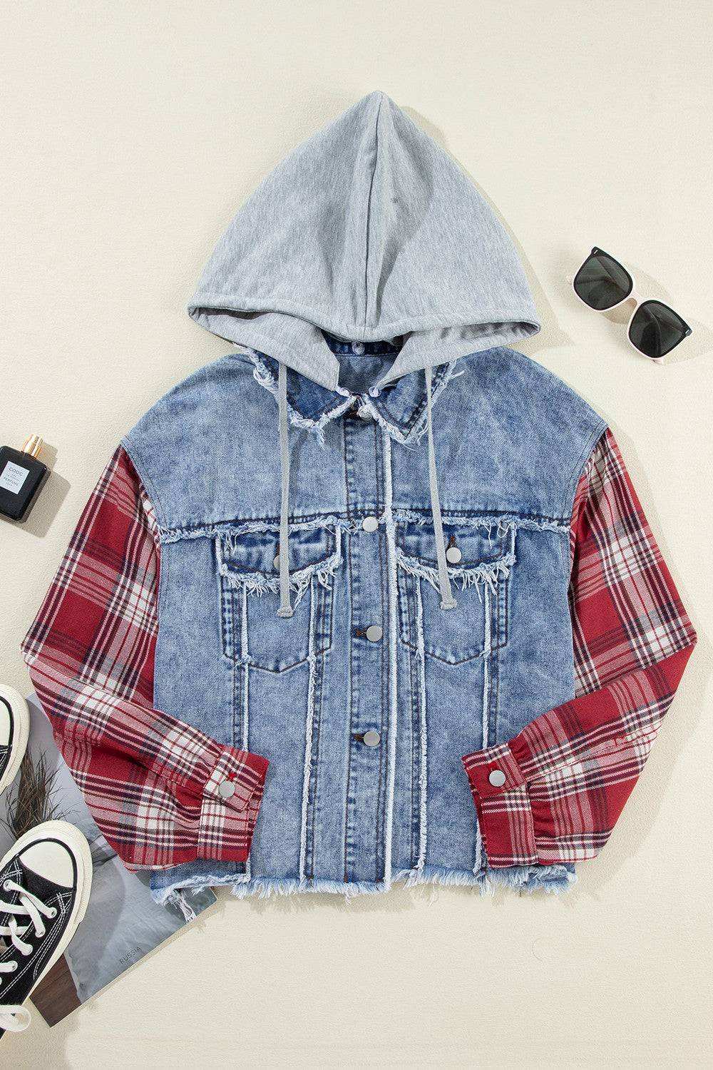 Raw Hem Drawstring Plaid Denim Jacket - Stylish Cotton Mix