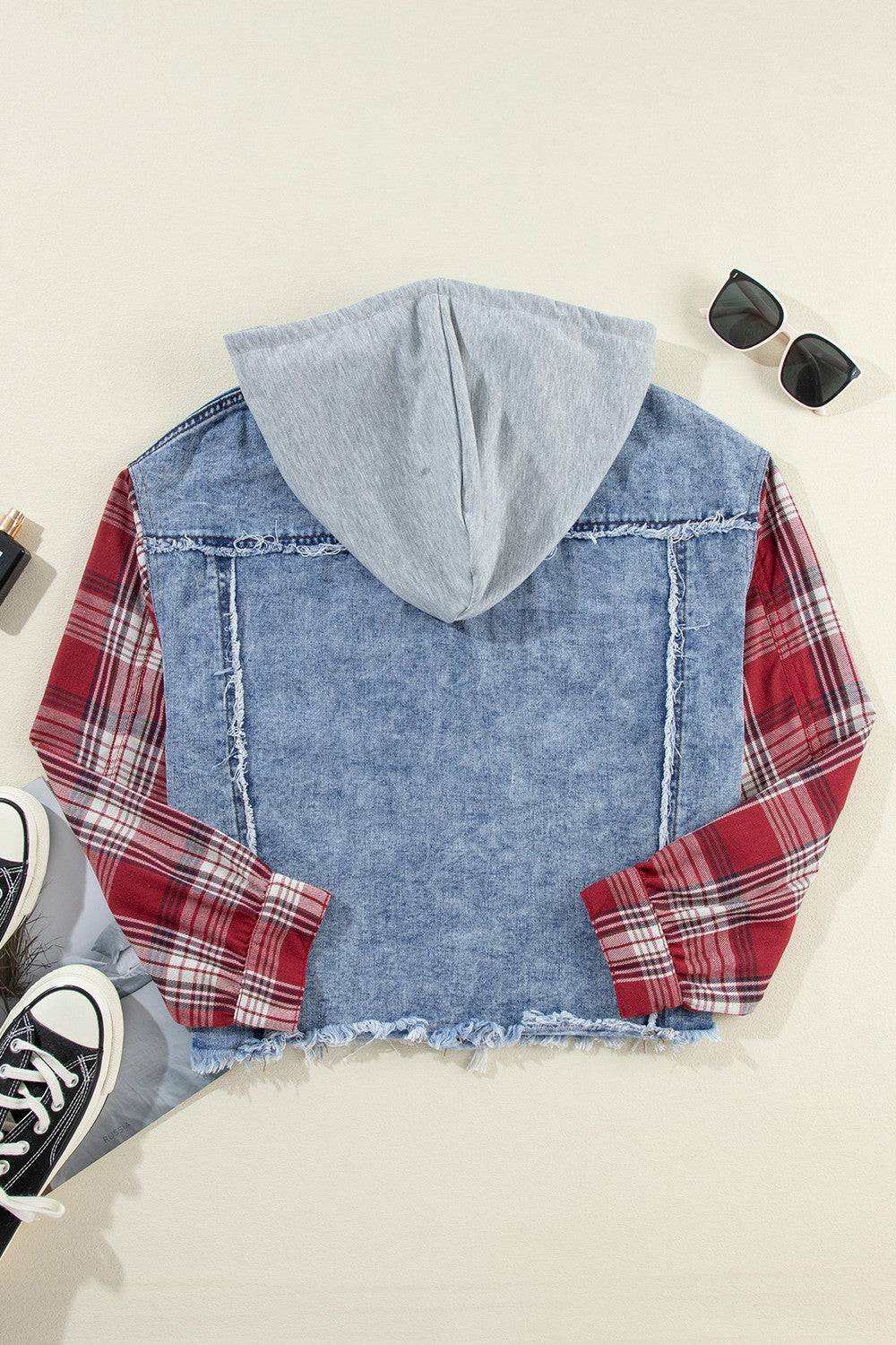 Raw Hem Drawstring Plaid Denim Jacket - Stylish Cotton Mix